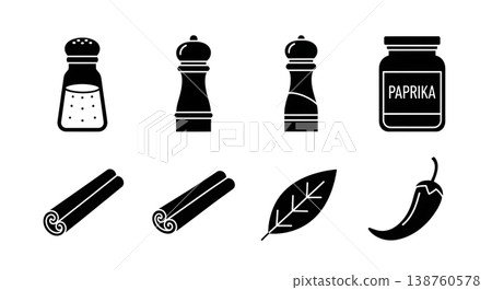 Black Solid Kitchen Spices Silhouettes Set of Six on White Background Black Solid Kitchen Spices Silhouettes Set of Six on White Background 138760578
