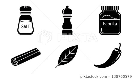 Black Solid Kitchen Spices Silhouettes Set of Six on White Background Black Solid Kitchen Spices Silhouettes Set of Six on White Background 138760579