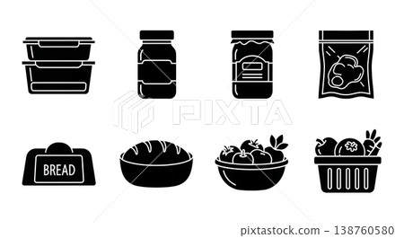 Black Solid Kitchen Storage Containers Silhouettes Set of Six on White Background Black Solid Kitchen Storage Containers Silhouettes Set of Six on White Background 138760580
