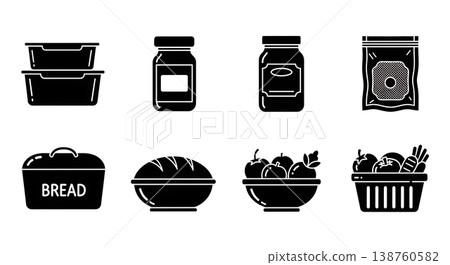 Black Solid Kitchen Storage Containers Silhouettes Set of Six on White Background Black Solid Kitchen Storage Containers Silhouettes Set of Six on White Background 138760582