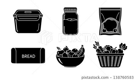 Black Solid Kitchen Storage Containers Silhouettes Set of Six on White Background Black Solid Kitchen Storage Containers Silhouettes Set of Six on White Background 138760583