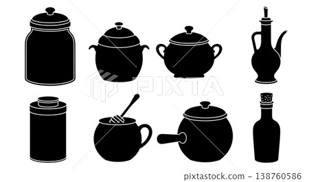 Black Solid Kitchen Storage Silhouettes Set of Six on White Background Black Solid Kitchen Storage Silhouettes Set of Six on White Background 138760586