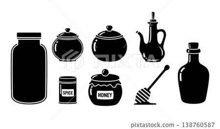 Black Solid Kitchen Storage Silhouettes Set of Six on White Background Black Solid Kitchen Storage Silhouettes Set of Six on White Background 138760587