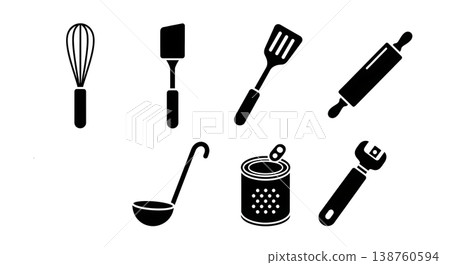 Black Solid Kitchen Utensils Silhouettes Set of Six on White Background Black Solid Kitchen Utensils Silhouettes Set of Six on White Background 138760594