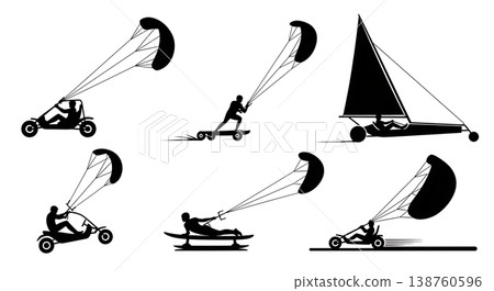 Black Solid Recreational Kite Buggying and Land Sailing Activities Silhouettes Set of Six on White Background Black Solid Recreational Kite Buggying and Land Sailing Activities Silhouettes Set of Six on White Background 138760596