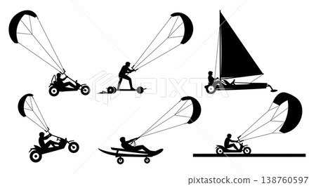 Black Solid Recreational Kite Buggying and Land Sailing Activities Silhouettes Set of Six on White Background 138760597