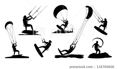 Black Solid Recreational Kitesurfing and Kiteboarding Silhouettes Set of Six on White Background 138760606