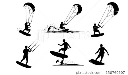 Black Solid Recreational Kitesurfing and Kiteboarding Silhouettes Set of Six on White Background Black Solid Recreational Kitesurfing and Kiteboarding Silhouettes Set of Six on White Background 138760607