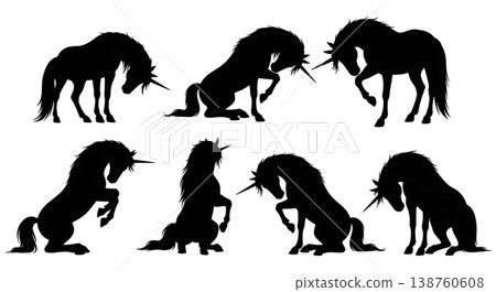 Black Solid Kneeling Unicorn Silhouettes Set of Six on White Background 138760608
