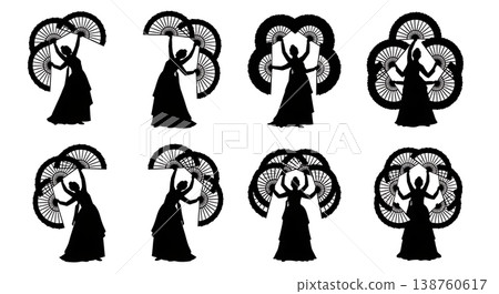 Black Solid Korean Fan Dance Silhouettes Set of Six on White Background 138760617