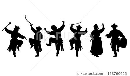 Black Solid Korean Mask Dance Silhouettes Set of Six on White Background 138760623