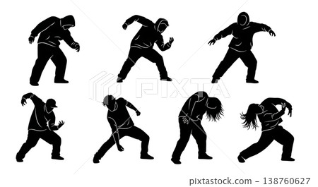 Black Solid Krumping Silhouettes Set of Six on White Background Black Solid Krumping Silhouettes Set of Six on White Background 138760627