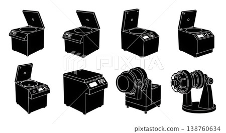 Black Solid Lab Centrifuge Silhouettes Set of Six on White Background 138760634