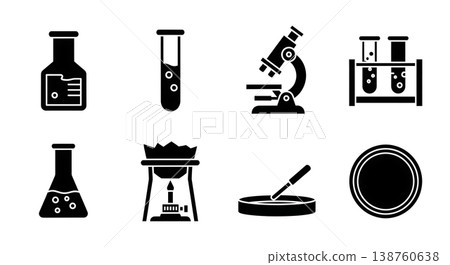 Black Solid Lab Equipment Silhouettes Set of Six on White Background 138760638