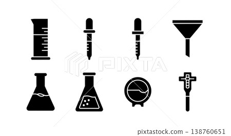 Black Solid Laboratory Glassware Silhouettes Set of Six on White Background 138760651