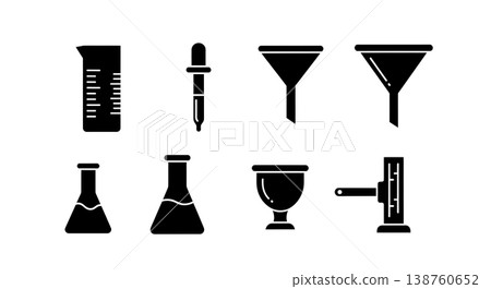 Black Solid Laboratory Glassware Silhouettes Set of Six on White Background 138760652