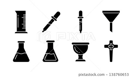 Black Solid Laboratory Glassware Silhouettes Set of Six on White Background 138760653