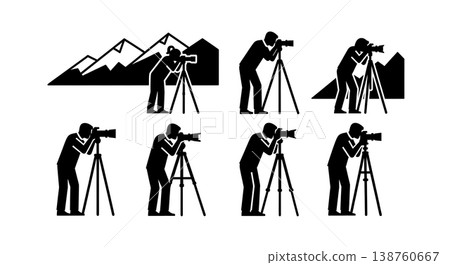 Black Solid Landscape Photographer Silhouettes Set of Six on White Background Black Solid Landscape Photographer Silhouettes Set of Six on White Background 138760667