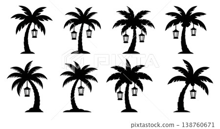 Black Solid Lantern Lit Palm Tree Silhouettes Set of Six on White Background Black Solid Lantern Lit Palm Tree Silhouettes Set of Six on White Background 138760671