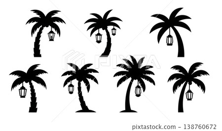Black Solid Lantern Lit Palm Tree Silhouettes Set of Six on White Background Black Solid Lantern Lit Palm Tree Silhouettes Set of Six on White Background 138760672