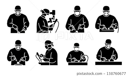 Black Solid Laparoscopic Surgery Silhouettes Set of Six on White Background 138760677