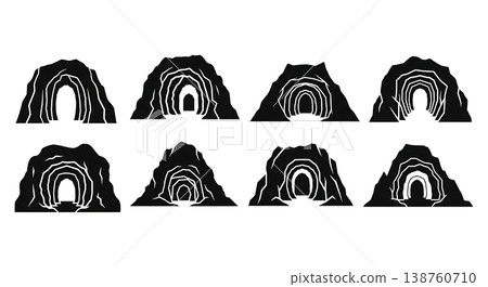 Black Solid Lava Tube Mountain Tunnel Silhouettes Set of Six on White Background 138760710