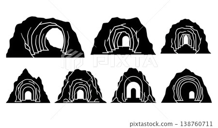 Black Solid Lava Tube Mountain Tunnel Silhouettes Set of Six on White Background 138760711