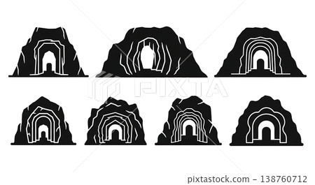 Black Solid Lava Tube Mountain Tunnel Silhouettes Set of Six on White Background 138760712