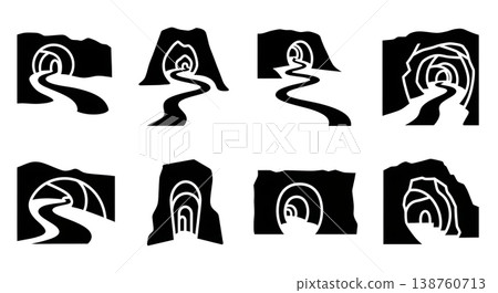 Black Solid Lava Tube Mountain Tunnel Silhouettes Set of Six on White Background 138760713
