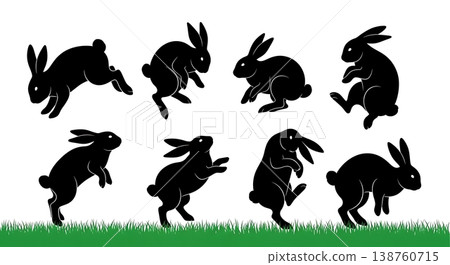 Black Solid Path Lawn Binky Bunny Silhouettes Set of Six on White Background 138760715