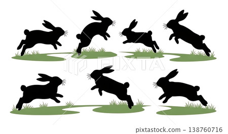 Black Solid Lawn Path Binky Bunny Silhouettes Set of Six on White Background 138760716
