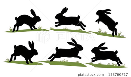 Black Solid Lawn Path Binky Bunny Silhouettes Set of Six on White Background 138760717