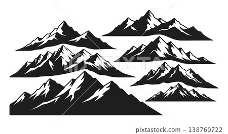 Black Solid Layered Mountain Range Silhouettes Set of Six on White Background Black Solid Layered Mountain Range Silhouettes Set of Six on White Background 138760722