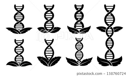 Black Solid Leaf DNA Helix Silhouettes Set of Six on White Background Black Solid Leaf DNA Helix Silhouettes Set of Six on White Background 138760724