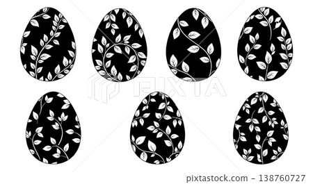 Black Solid Plant Vine Leaf Pattern Egg Silhouettes Set of Six on White Background Black Solid Plant Vine Leaf Pattern Egg Silhouettes Set of Six on White Background 138760727