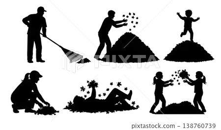 Black Solid People Playing in Leaves Set of Six on White Background Black Solid People Playing in Leaves Set of Six on White Background 138760739