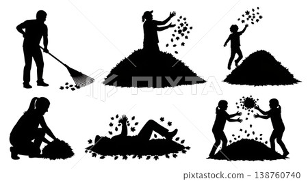 Black Solid People Playing in Leaves Set of Six on White Background Black Solid People Playing in Leaves Set of Six on White Background 138760740