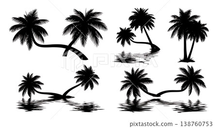 Black Solid Leaning Palm Water Reflection Set of Six on White Background Black Solid Leaning Palm Water Reflection Set of Six on White Background 138760753
