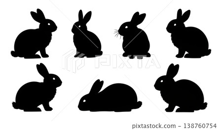 Black Solid Leaning Bunny Set of Six on White Background Black Solid Leaning Bunny Set of Six on White Background 138760754