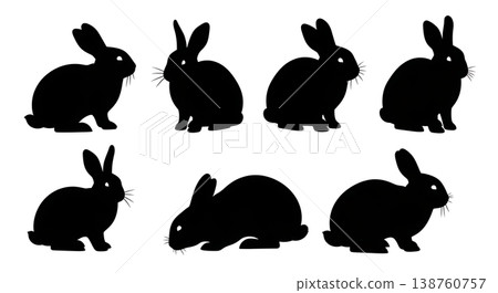 Black Solid Leaning Bunny Set of Six on White Background Black Solid Leaning Bunny Set of Six on White Background 138760757