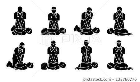 Black Solid CPR Silhouettes Set of Six on White Background 138760770