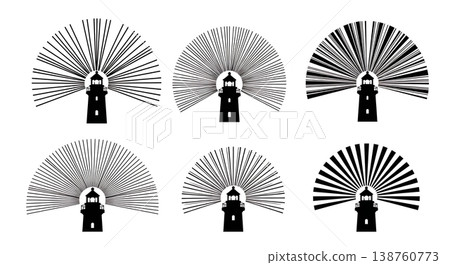 Black Solid Lighthouse Beacon Silhouettes Set of Six on White Background Black Solid Lighthouse Beacon Silhouettes Set of Six on White Background 138760773