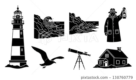Black Solid Historical Lighthouse Silhouettes Set of Six on White Background Black Solid Historical Lighthouse Silhouettes Set of Six on White Background 138760779
