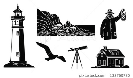 Black Solid Historical Lighthouse Silhouettes Set of Six on White Background 138760780