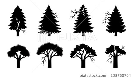 Black Solid Damaged Pine Tree Silhouettes Set of Six Black Solid Damaged Pine Tree Silhouettes Set of Six 138760794