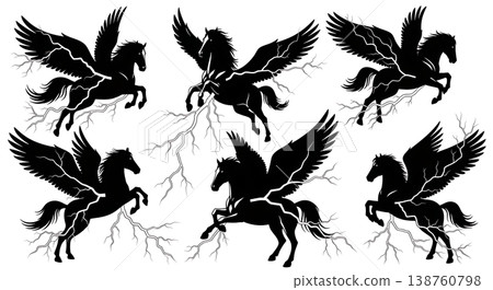 Black Solid Lightning Flight Pegasus Silhouettes Set of Six on White Background 138760798