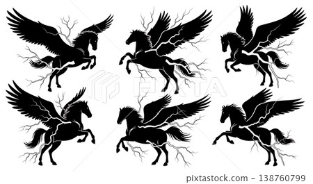 Black Solid Lightning Flight Pegasus Silhouettes Set of Six on White Background 138760799