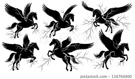 Black Solid Lightning Flight Pegasus Silhouettes Set of Six on White Background Black Solid Lightning Flight Pegasus Silhouettes Set of Six on White Background 138760800
