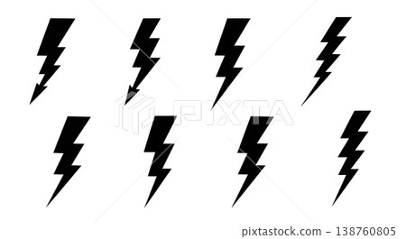 Black Solid Lightning Jagged Silhouettes Set of Six on White Background 138760805