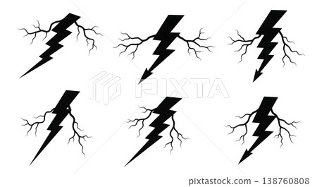 Black Solid Lightning Jagged Silhouettes Set of Six on White Background 138760808